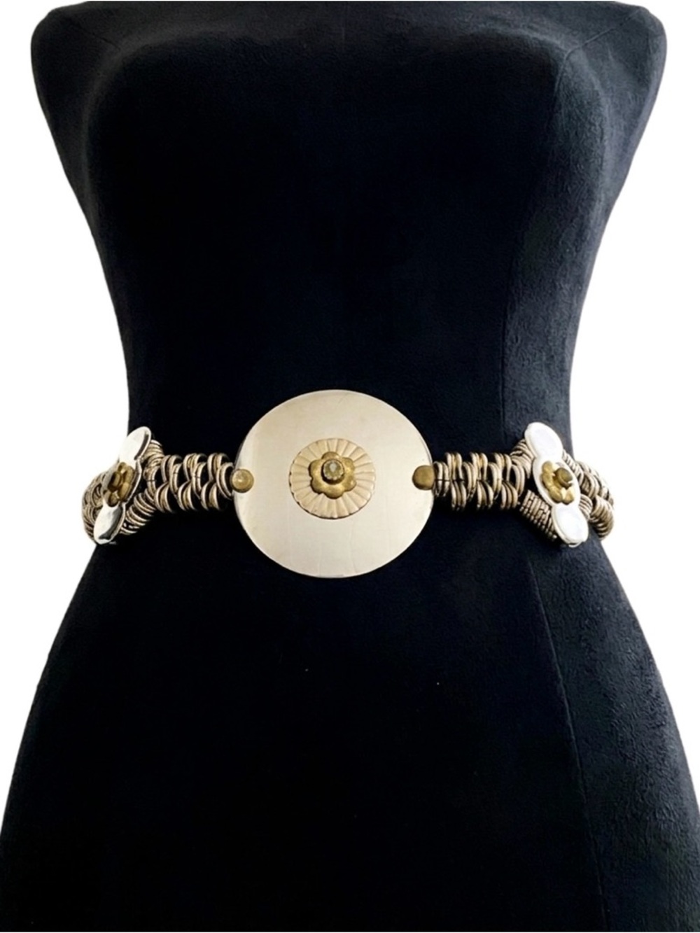 Vintage 80s Mixed Metal Medallion Belt | Statement Floral Disc & Braided Cord